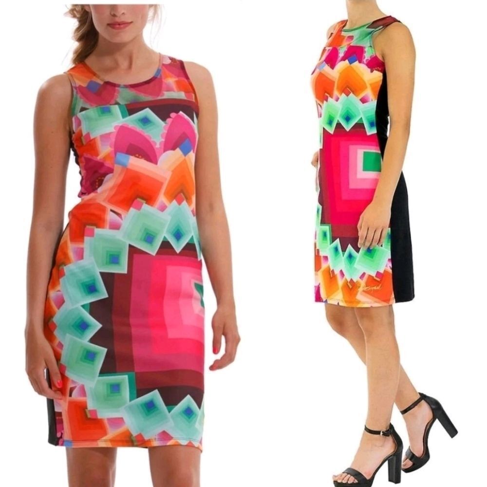 Desigual Shift Dress Geometric Pixel Knit Sheer Mesh Sleeveless Knee Length Blue